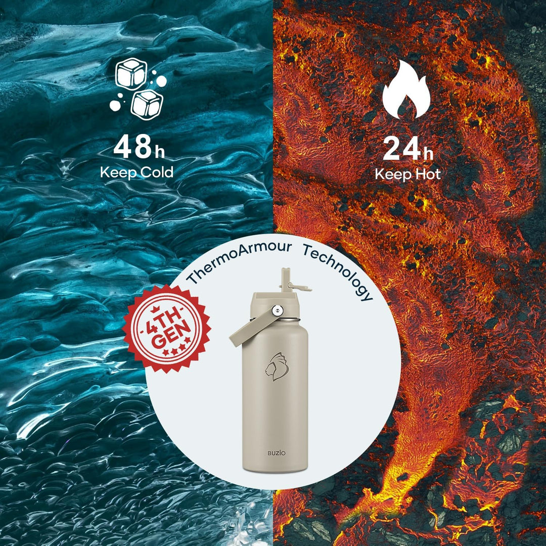 BUZIO 1L Edelstahl Trinkflasche isoliert mit Strohhalm &amp; Ausgussdeckel | Metall-Wasserflasche hält 4
