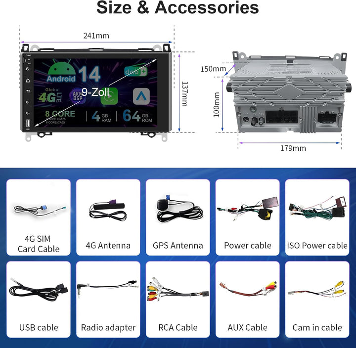 Autoradio Android 14.0 für Mercedes-Benz A-Klasse W169/B-Klasse W245/Viano/Vito W639/Sprinter W906,