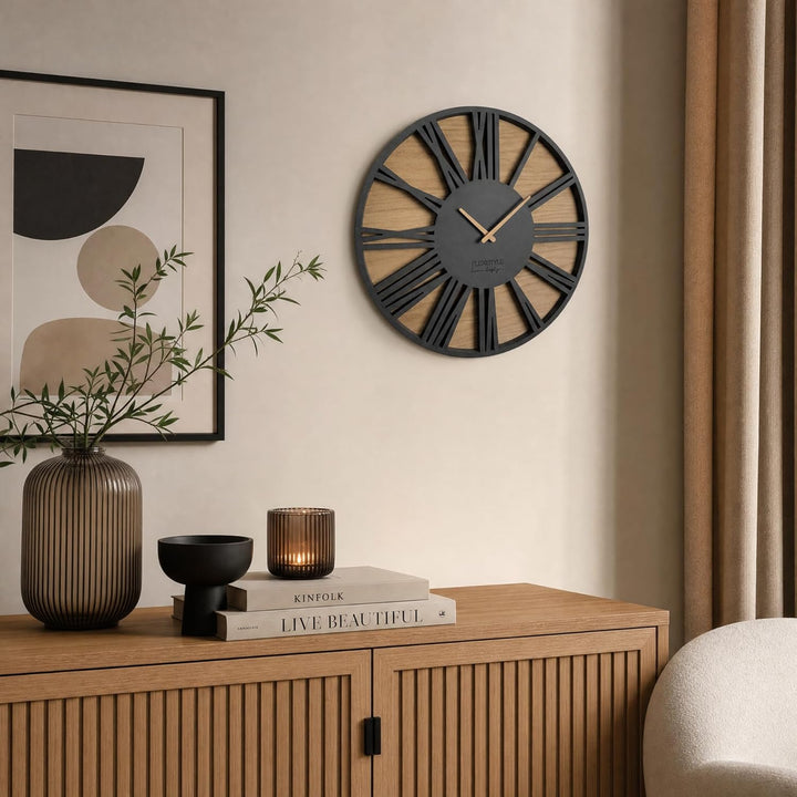 FLEXISTYLE Gross wanduhr ohne tickgeräusche Roman LOFT Schwarz 50cm, Wohnzimmer, Schlafzimmer, in EU