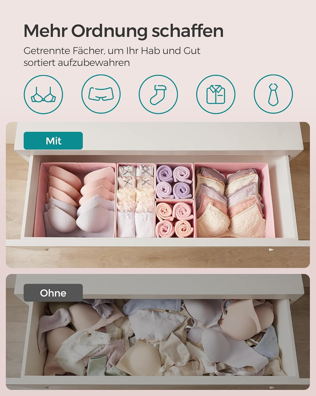 SONGMICS Aufbewahrungsbox für Schublade, 12er Set, Schubladen Organizer, Faltbox, Unterwäsche Organi