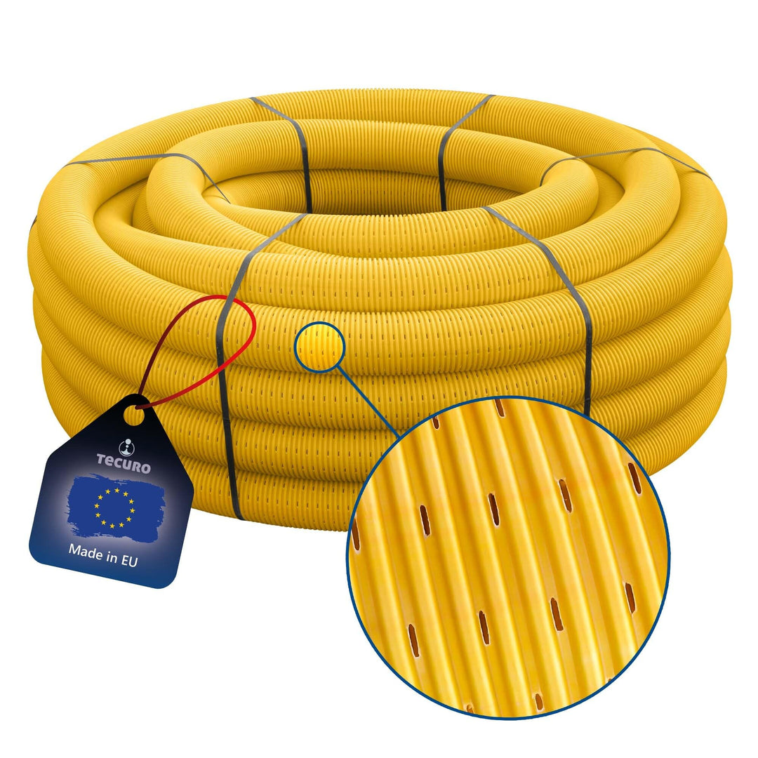 tecuro Drainagerohr flexibel 5 m - DN100 gewellt PVC-U, geschlitzt gelb, für Tiefbau, Garten und Lan