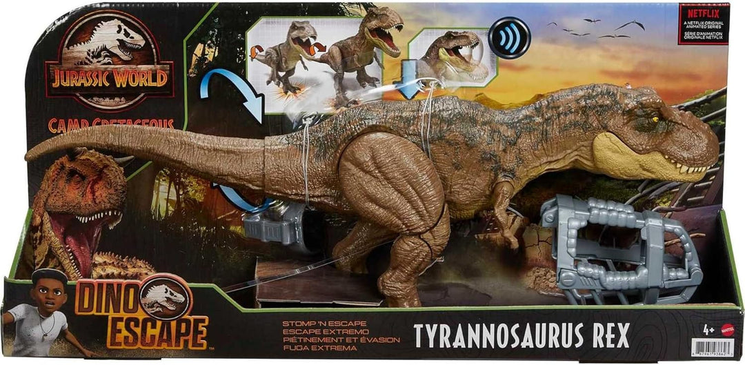 Jurassic World GYW84 - Tyrannosaurus Rex Figur Camp Cretaceous Dino-Flucht Spielzeug mit Stampfbeweg