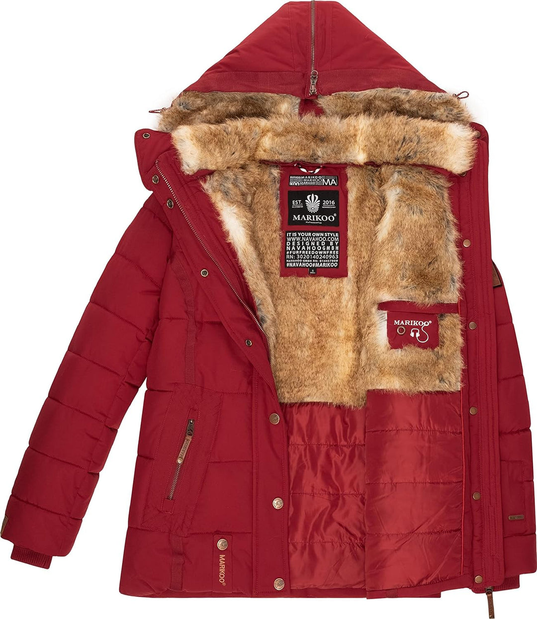 MARIKOO Damen Winterjacke warme Steppjacke mit Kunstfell Innenfutter Nekoo XS-3XL S Dark Red, S Dark