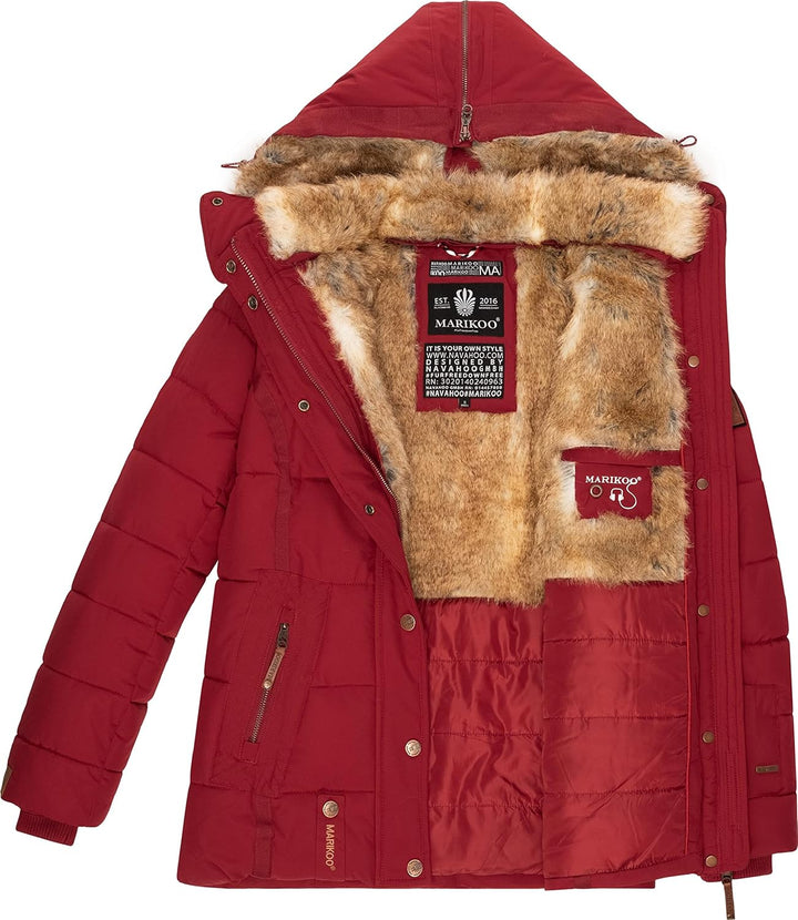MARIKOO Damen Winterjacke warme Steppjacke mit Kunstfell Innenfutter Nekoo XS-3XL S Dark Red, S Dark