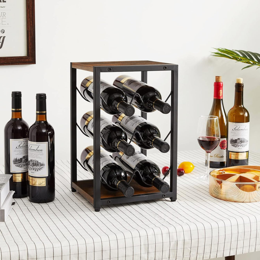 IBUYKE Rustikales Weinregal aus Holz, 3 Etagen, für 6 Flaschen, freistehend, Weinflaschenhalter, Stä