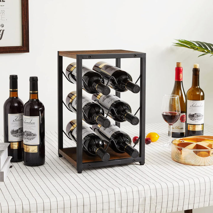 IBUYKE Rustikales Weinregal aus Holz, 3 Etagen, für 6 Flaschen, freistehend, Weinflaschenhalter, Stä