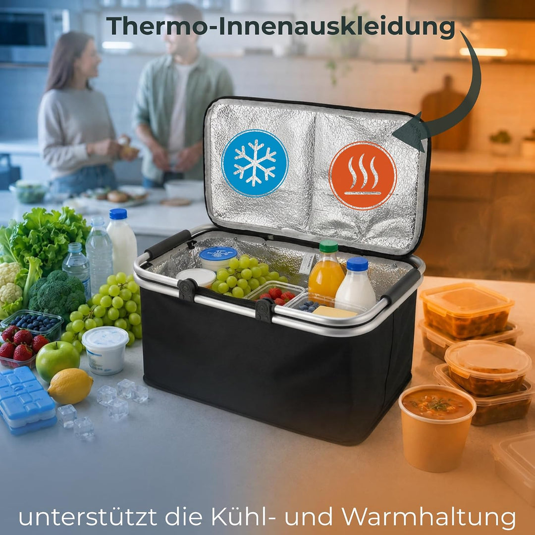 Novaliv 6x Einkaufskorb faltbar mit Kühlfunktion 30 Liter SCHWARZ Isolierkorb mit gepolsterten Trage