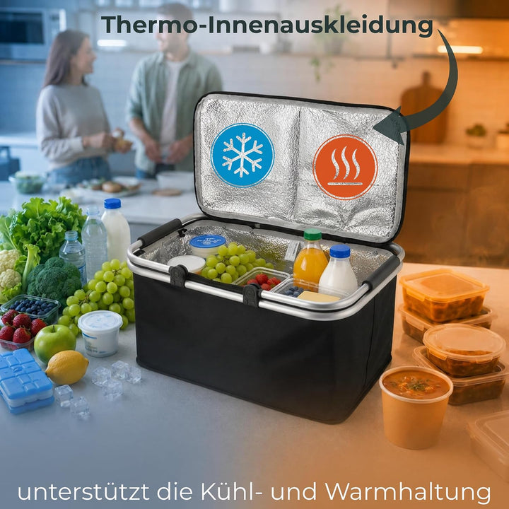 Novaliv 4X Einkaufskorb faltbar mit Kühlfunktion 30 Liter SCHWARZ Isolierkorb mit gepolsterten Trage