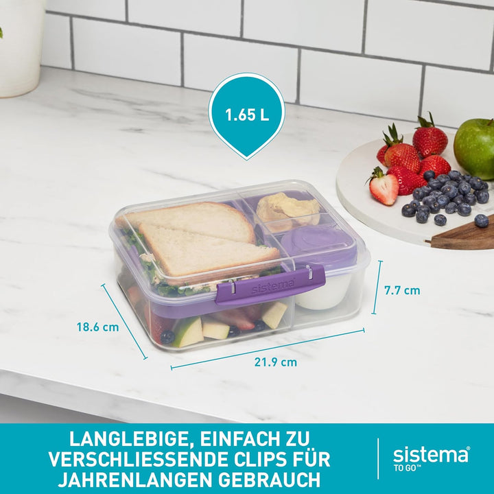 Sistema Bento Box TO GO Brotdose mit Fächern | 1,65 L Lunchbox mit Joghurt- /Fruchtbehälter | Lunchb