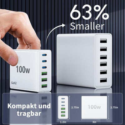 FINIBO USB C Ladegerät Mehrfach: 100W 6-Port Schnellladegerät mit USB-C und USB-A, Tragbarer USB C W