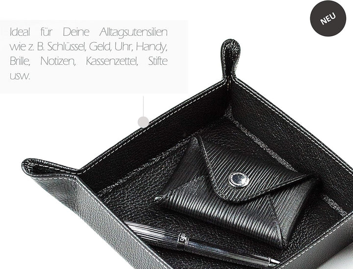 DELMON VARONE - Personalisierbarer Taschenleerer aus Premium Leder Soft Grain schwarz, Schlüsselscha