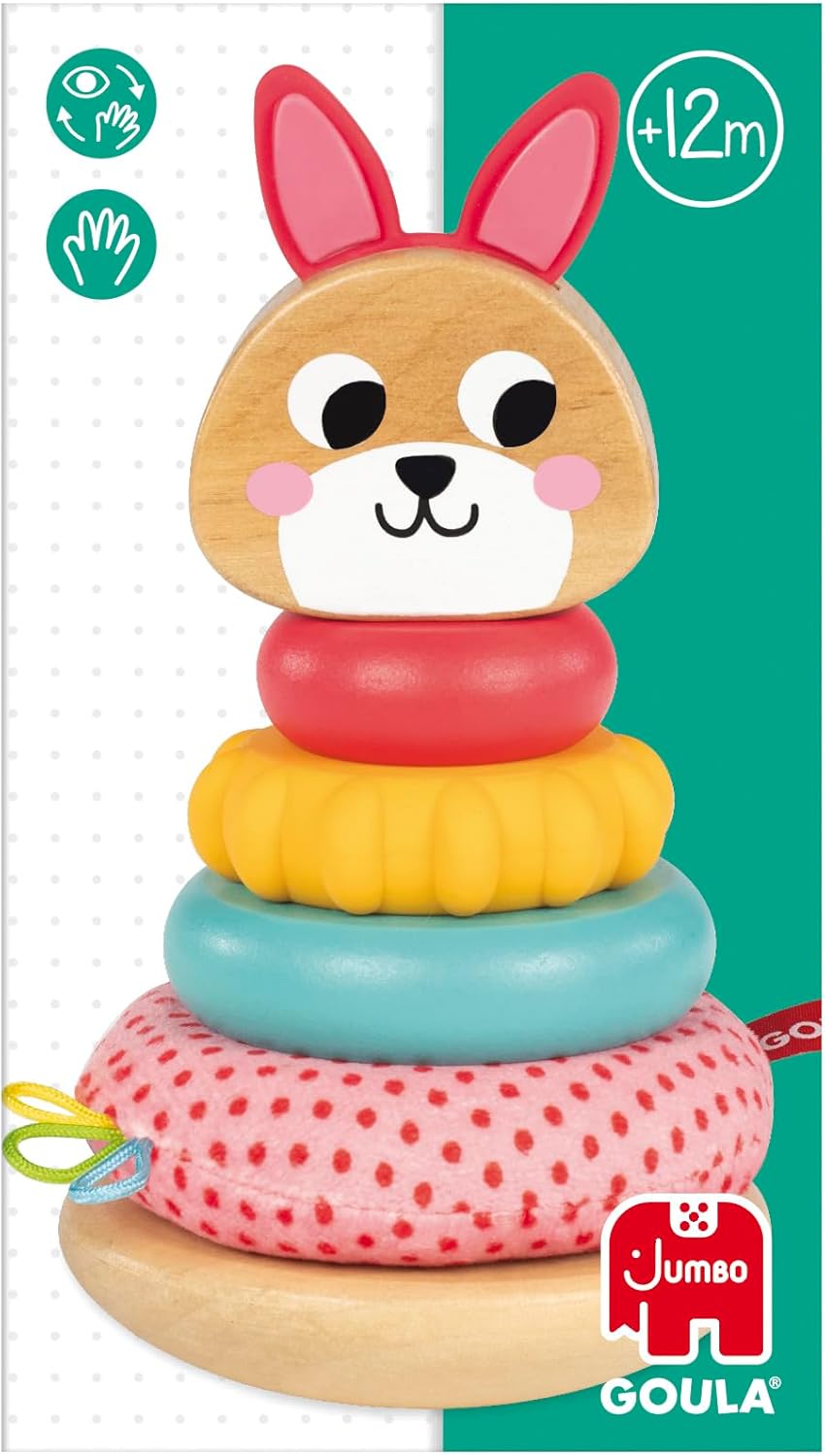 Goula Stacking Rabbit - Stapelhase – Sensorisches Stapelspielzeug mit strukturierten Holz, Silikon &