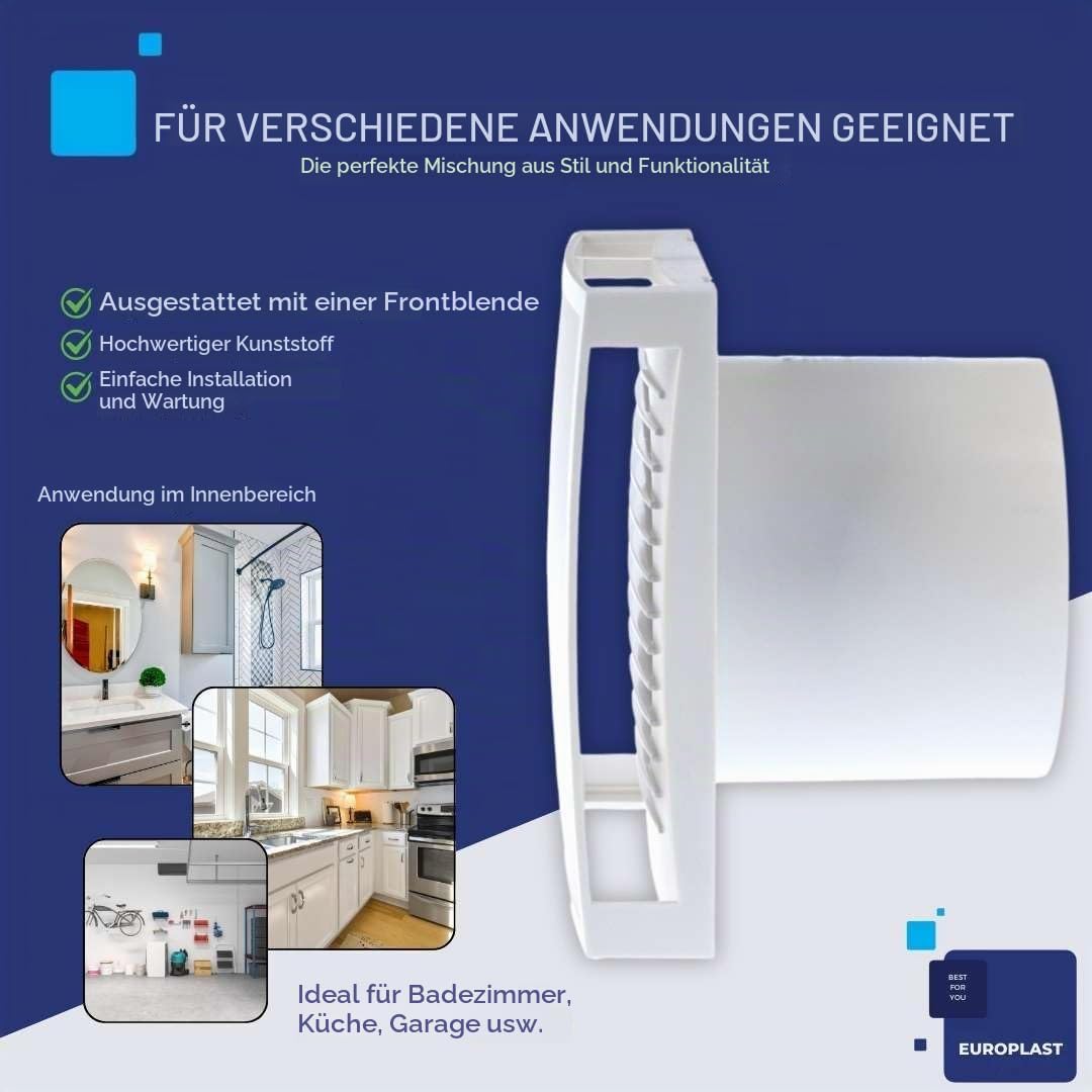 Ø 100mm Bad-Lüfter mit Feuchtesensor und Timer mit Weiss Front, Leise Ventilator Feuchtigkeitssensor