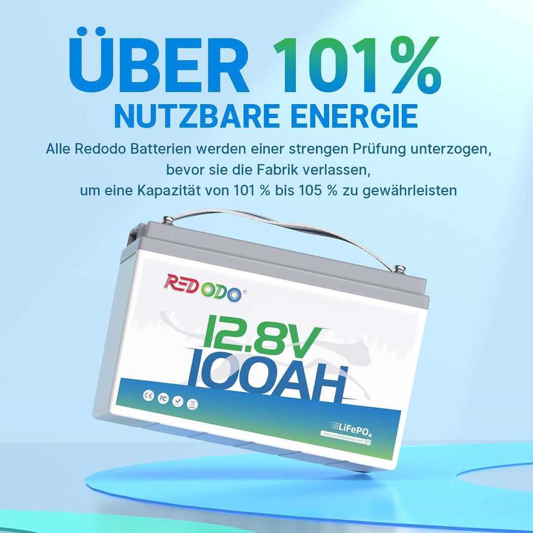 Redodo 12V 100Ah LiFePO4 Batterie, 1280Wh Lithium Akku mit 100A BMS, 4000+ Zyklen, 10 Jahre Lebensda