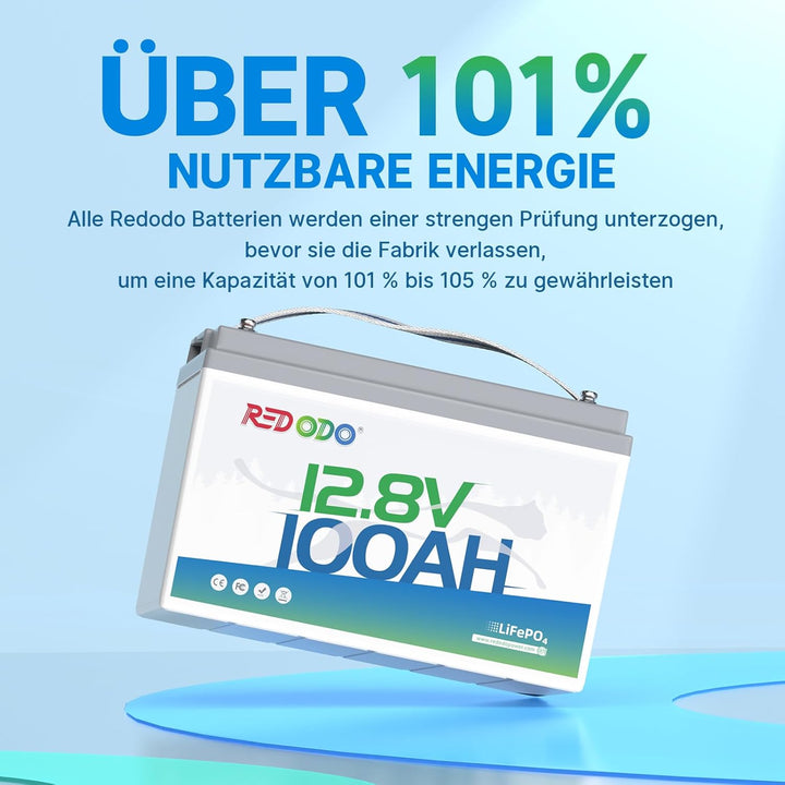 Redodo 12V 100Ah LiFePO4 Batterie, 1280Wh Lithium Akku mit 100A BMS, 4000+ Zyklen, 10 Jahre Lebensda