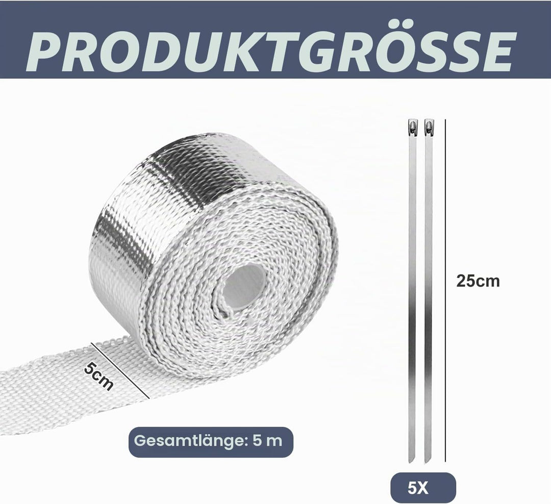 Hitzeschutzband Auspuff, Auspuffband mit 5 Kabelbinder Stainless Steel, Hitzeschutz Auspuff Bandage,