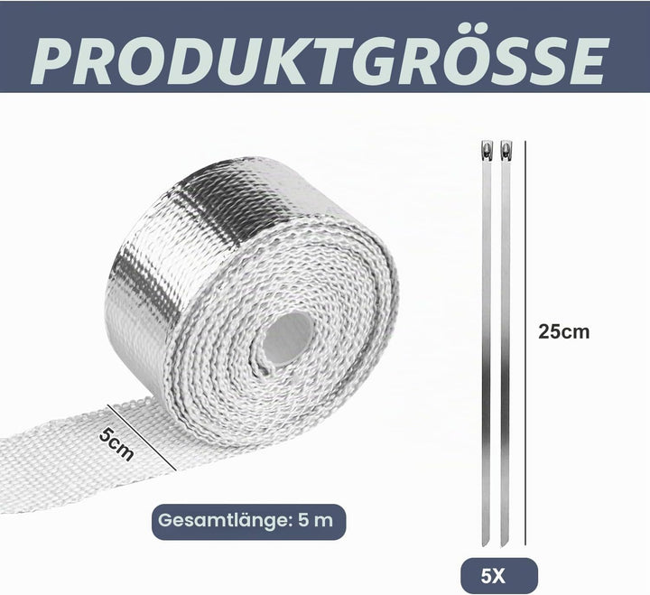 Hitzeschutzband Auspuff, Auspuffband mit 5 Kabelbinder Stainless Steel, Hitzeschutz Auspuff Bandage,