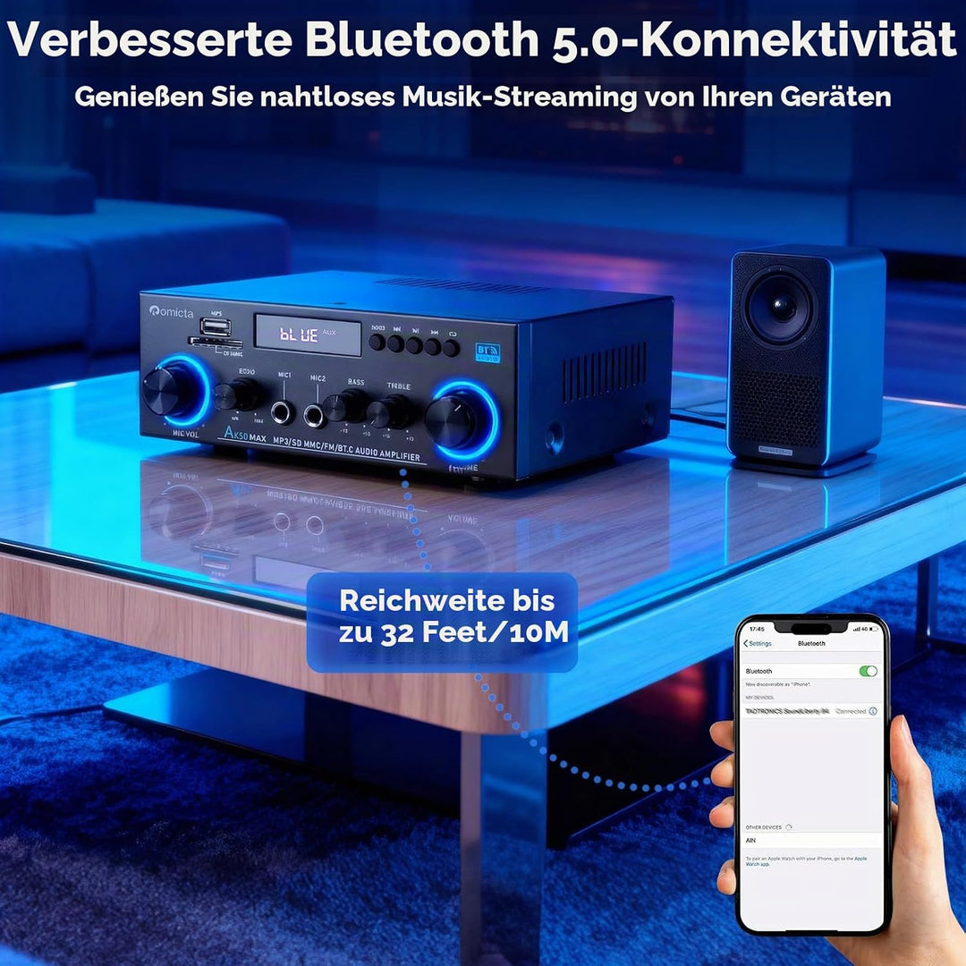 HiFi-Verstärker, Mini Bluetooth Stereo Audio Verstärker Receiver 12V/ 220V 800W 2 Kanäle Endverstärk