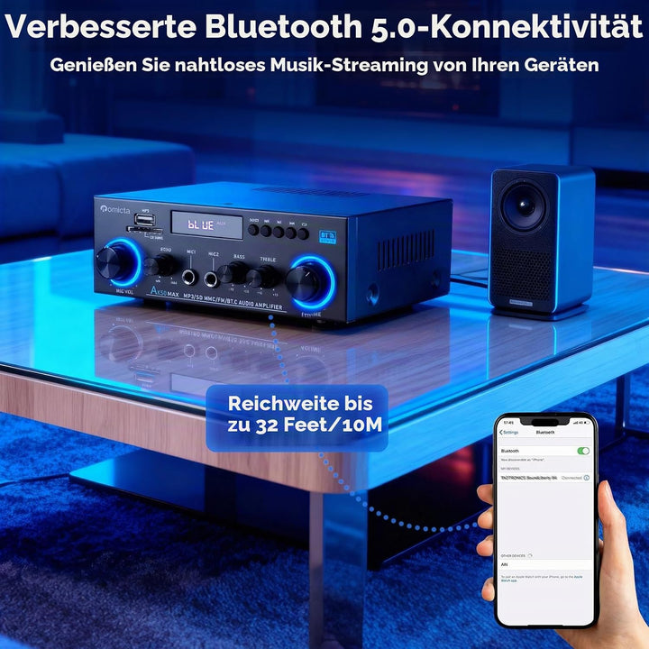 HiFi-Verstärker, Mini Bluetooth Stereo Audio Verstärker Receiver 12V/ 220V 800W 2 Kanäle Endverstärk