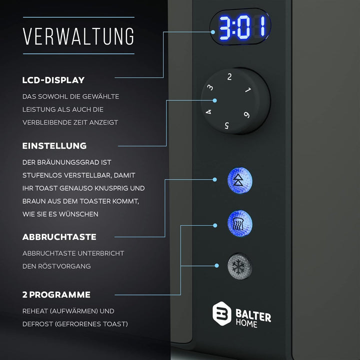 Balter Toaster 4 Scheiben, Langschlitz, Edelstahl, Brötchenaufsatz, LCD Display mit Restzeitanzeige,