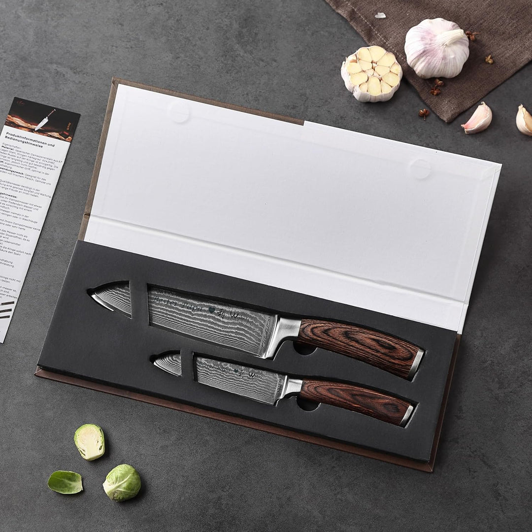 Wakoli Edib 2er Damastmesser Set mit Gravur – Personalisiertes Messer-Set, grosses & kleines Santoku
