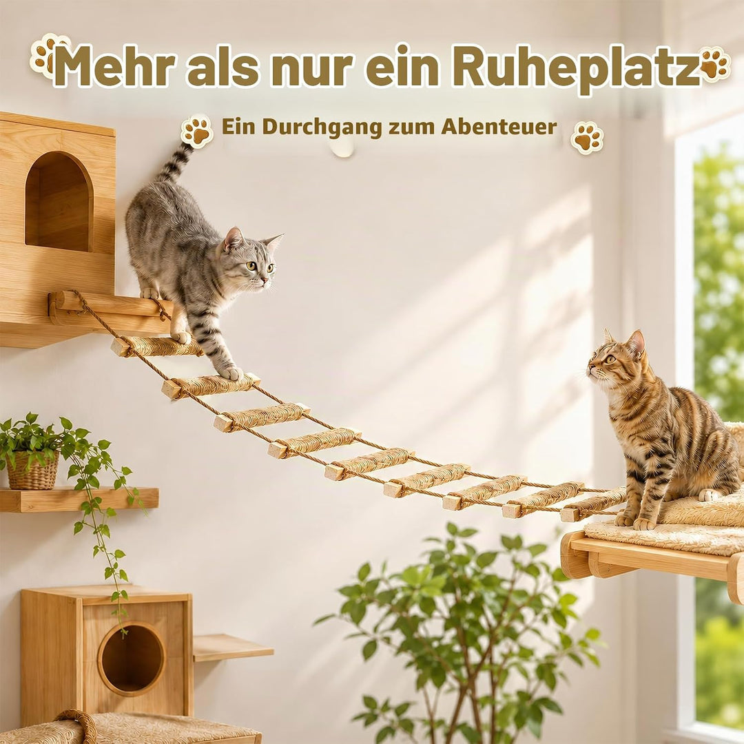 108cm Katzenleiter Wandmontiert, 3-in-1 Sisal Kletterbrücke &amp; Hängematte aus Massivholz, Faltbare Ju