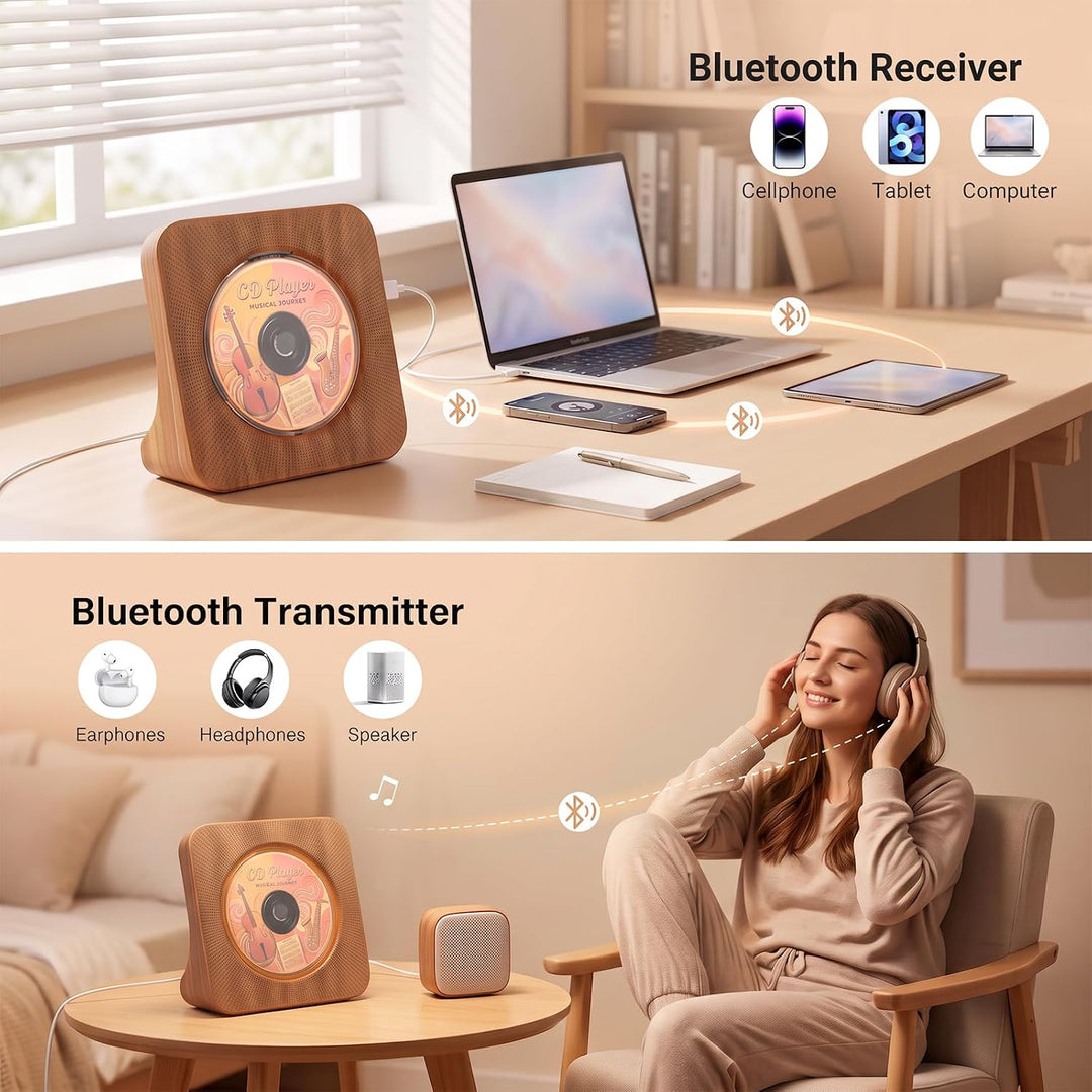 CD Player mit Lautsprecher, Bluetooth 5.0, Radio Holzoptik, Holzoptik