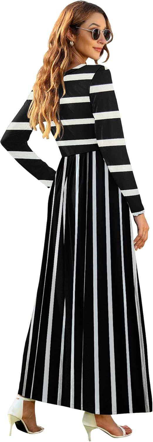 AUSELILY Damen Langarm Maxikleider Lässige Langkleider mit Taschen… XL Schwarze Weisse Streifen, XL