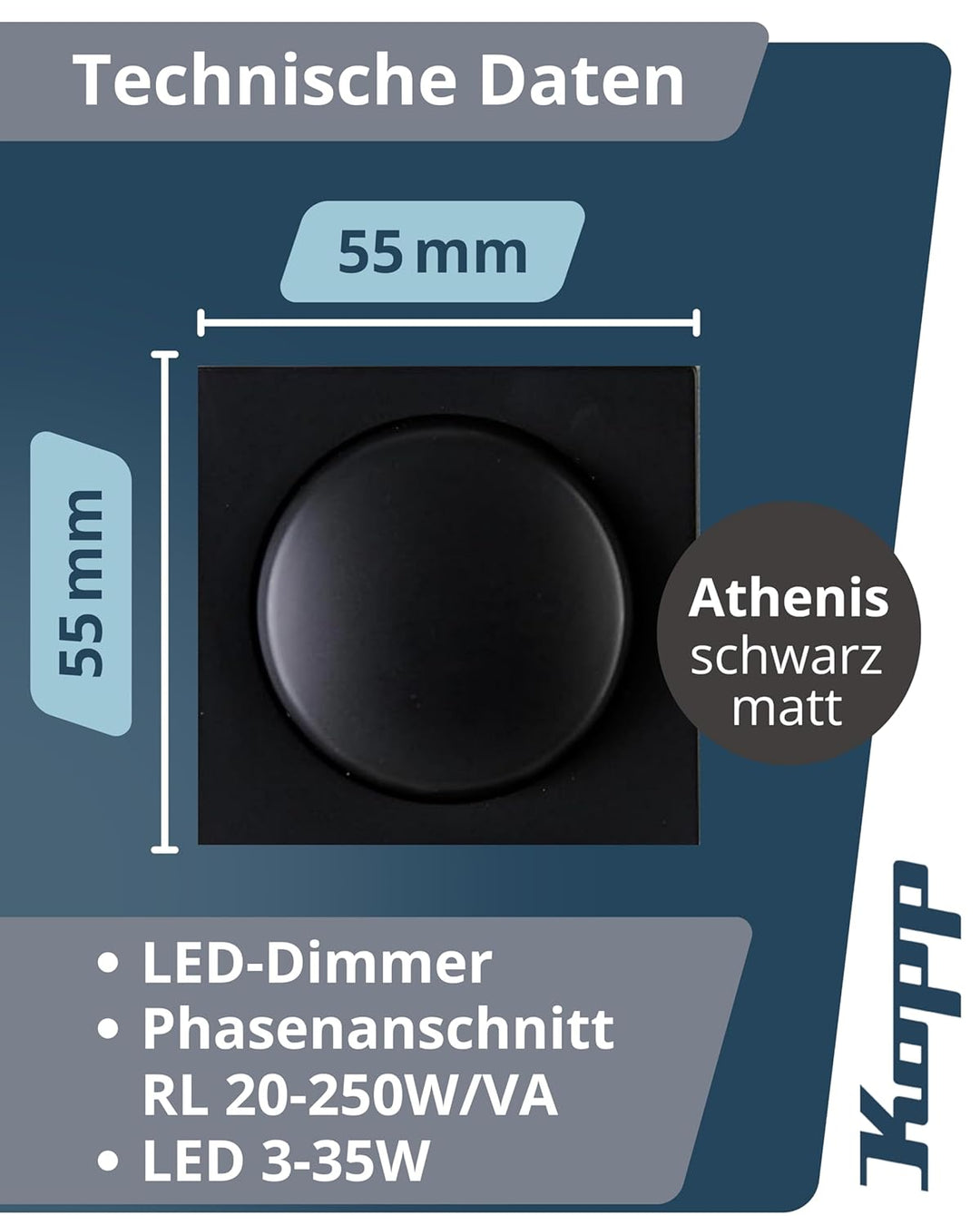 Kopp Athenis Druck-Wechsel-Dimmer, Kombigerät, LED-Dimmer, für Glüh-Lampen, 230V Halogenlampen, Phas