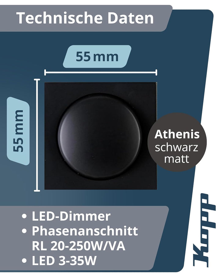 Kopp Athenis Druck-Wechsel-Dimmer, Kombigerät, LED-Dimmer, für Glüh-Lampen, 230V Halogenlampen, Phas