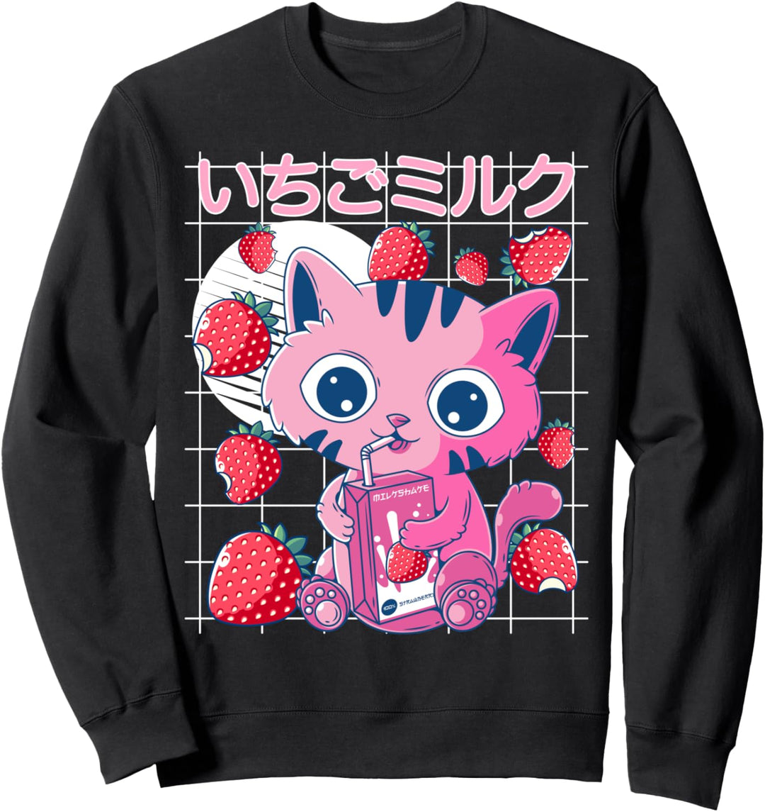 Strawberry Cat 90s Vaporwave Japanese Strawberry Milk Kawaii Sweatshirt