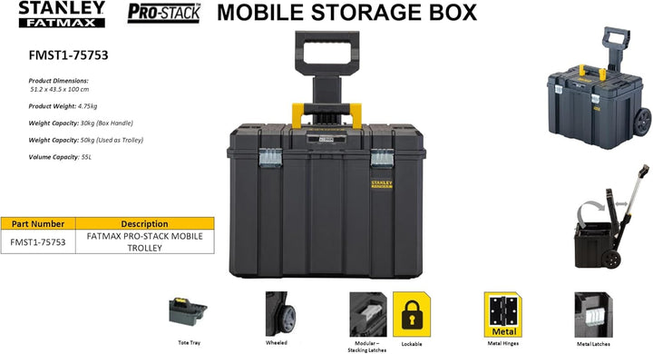 Stanley FatMax Pro-Stack Mobile Werkzeugbox (36 Liter, mit robusten Schwerlasträdern, bis 30 kg bela