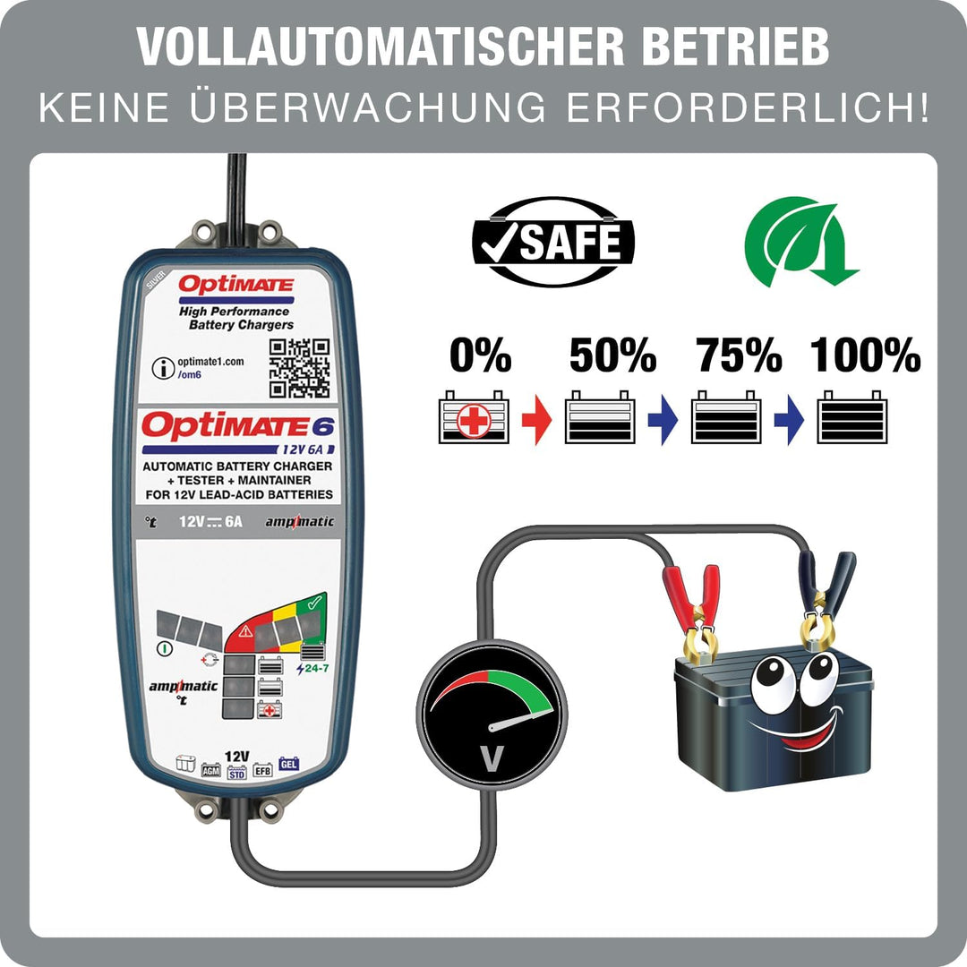 Optimate TecMate 6 Ampmatic, TM360, 9-stufiges gekapseltes batterieschonendes 12V 6A Lade- & Wartung