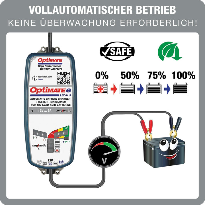 Optimate TecMate 6 Ampmatic, TM360, 9-stufiges gekapseltes batterieschonendes 12V 6A Lade- & Wartung