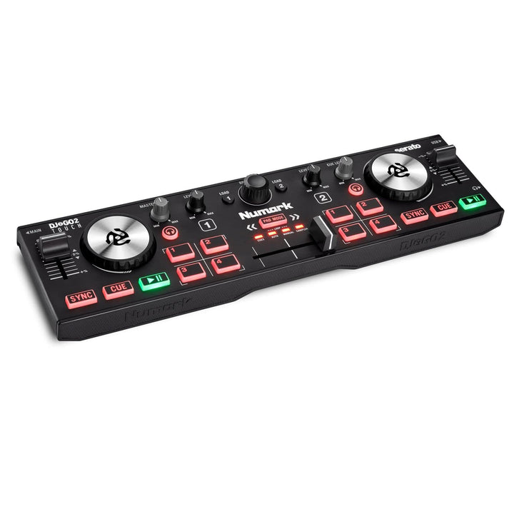Numark DJ2GO2 Touch – Mini DJ Controller für unterwegs - 2-Deck USB DJ Pult mit Audio Interface und