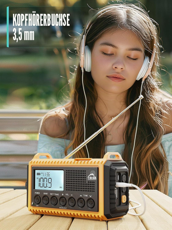 Notfallradio | 12000mAh Powerbank | Kurbelradio |Solar Radio mit Weltempfänger | AM/FM/SW, SOS, USB-