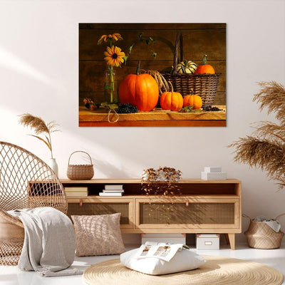 Bilder auf Leinwand 100x70cm Leinwandbild Herbst Folk Tradition Kürbisse Gross Wanddeko Bild Schlafz