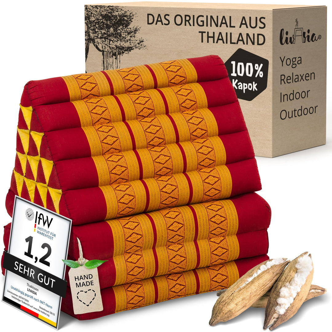 livasia Thaikissen 3 Auflagen extrahoch - 185x55x8cm - Dreieckskissen mit Klappmatratze, Kapok, Jumb