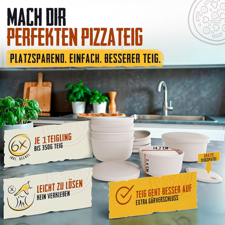LOEWERK Pizzaballenbox mit Deckel [+ Teigspatel], 6er Set - atmungsaktive Teigbox für perfekten Pizz