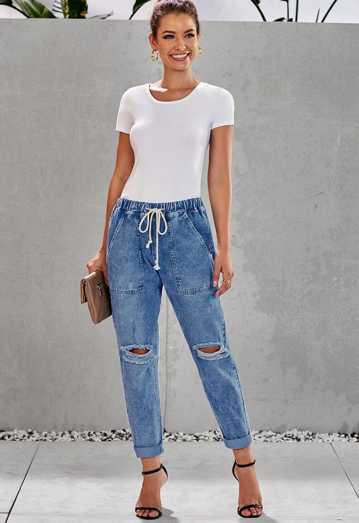 Alaster Queen Jeans Damen Lässig High Waist Jeans Baggy Jeans Damen Knie Zerrissen Jeans 209-blau S,