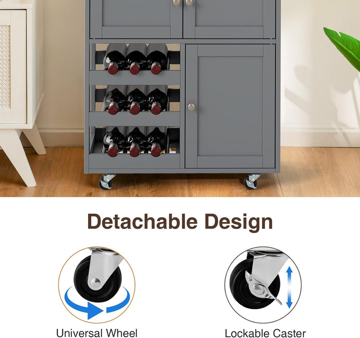 KOMFOTTEU Küchenwagen auf Rollen, Kücheninsel mit Weinregal & 2 Schränke & Schublade, Servierwagen a