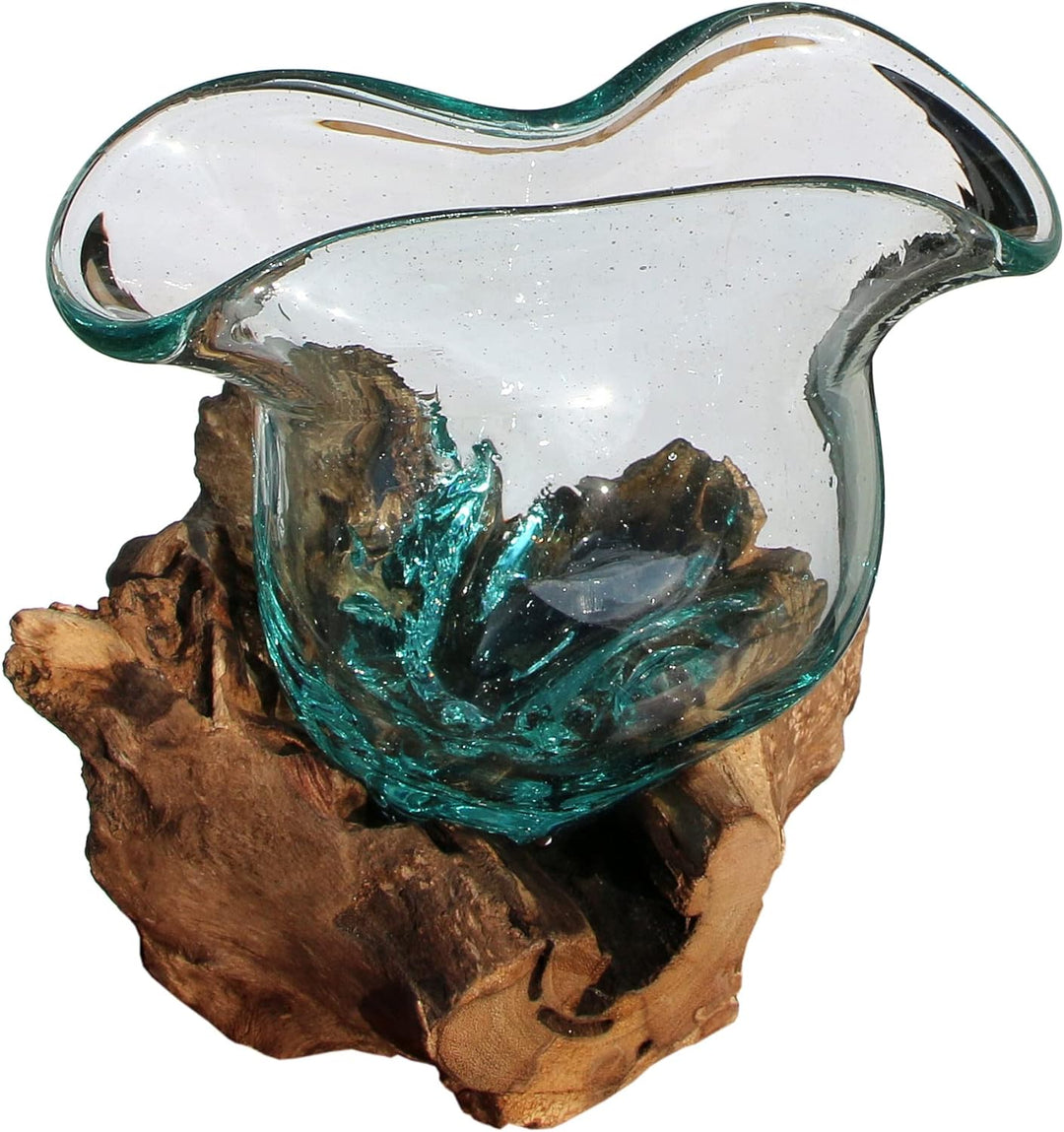 Wogeka - Designer Glasvase Rimini auf Wurzelholz - Blumenvase oder Deko-Glas als Geschenk-Idee zu Ge