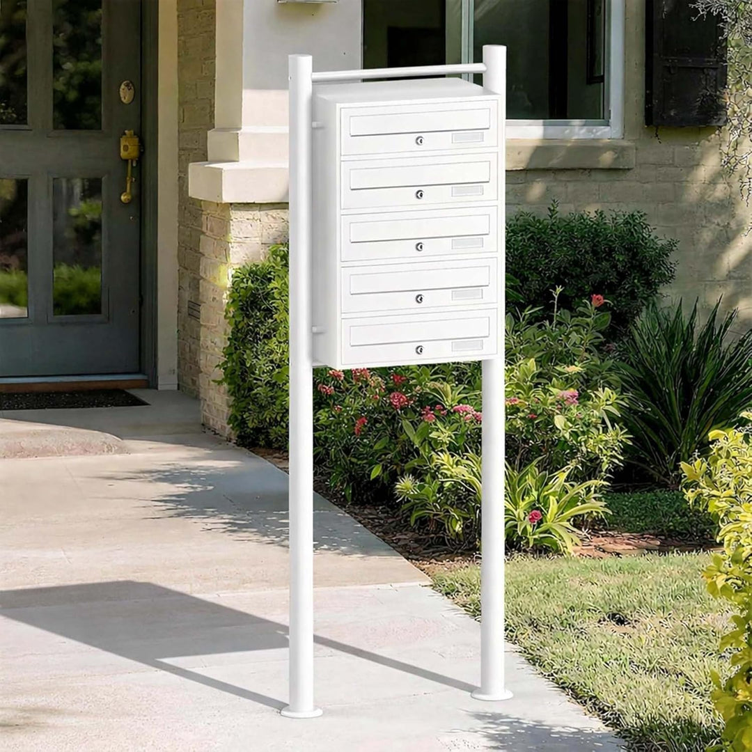 Wiltec 5er Briefkastenanlage weiss 270 x 513 x 1500 mm, Standbriefkasten mit 5 Fächern, Schlüssel un