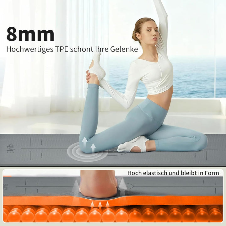 Yogamatte aus ECO Naturkautschuk & Hhautfreundlichem TPE, Extrem Rutschfest, Ausrichtungslinien, Ein