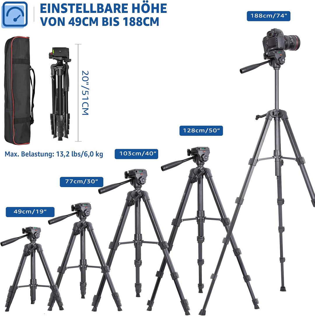 Lusweimi 187cm Kamera Stativ, Aluminium Reisestativ mit 360° Panorama Fluidkopf&2 QR-Platten für Son