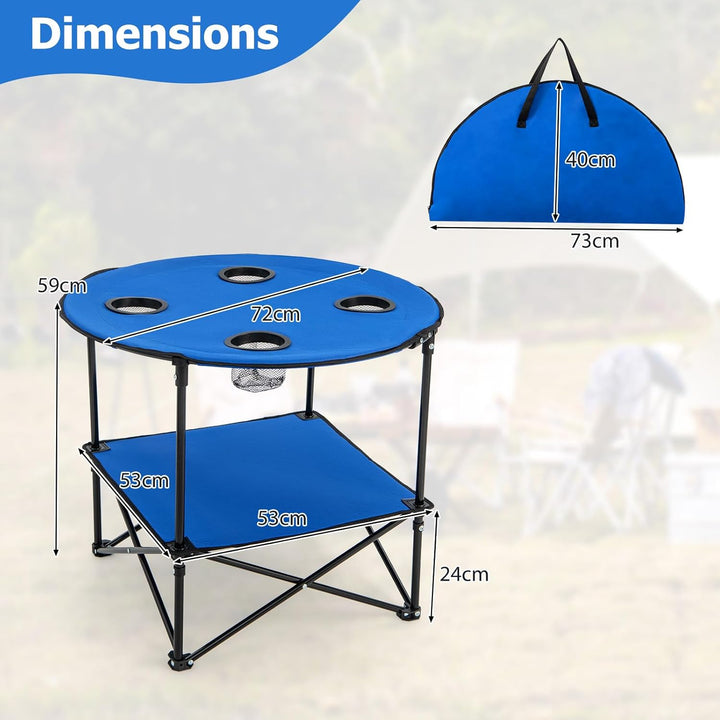 Giantex Picknicktisch, rund, faltbar, Campingtisch mit 2 Ebenen, mit 4 Getränkehaltern aus Netz, Met