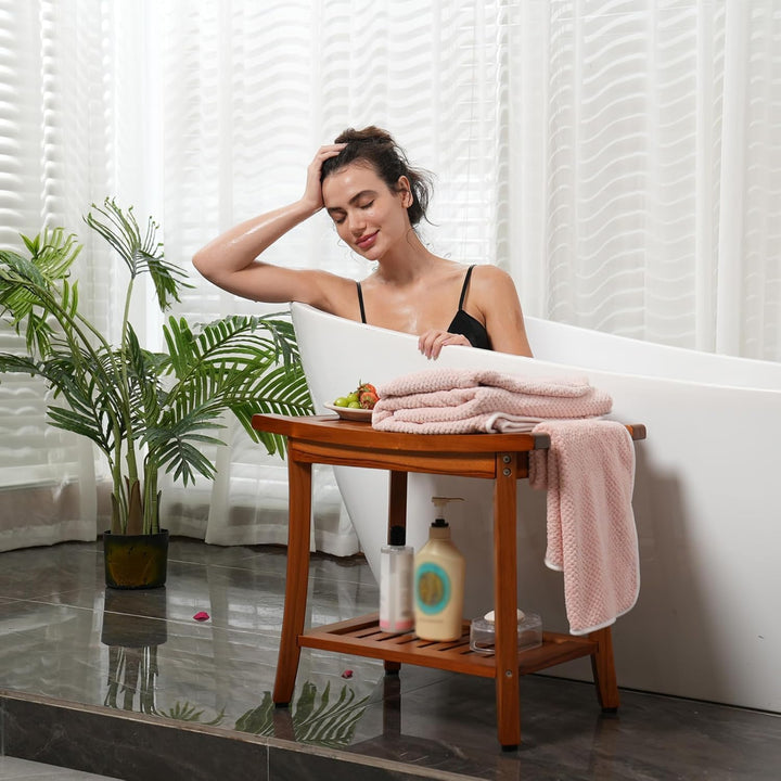 Utoplike Teak Dusche Sitz mit Griffen, tragbare hölzerne Spa Badehocker mit Lagerung Handtuch Regal,