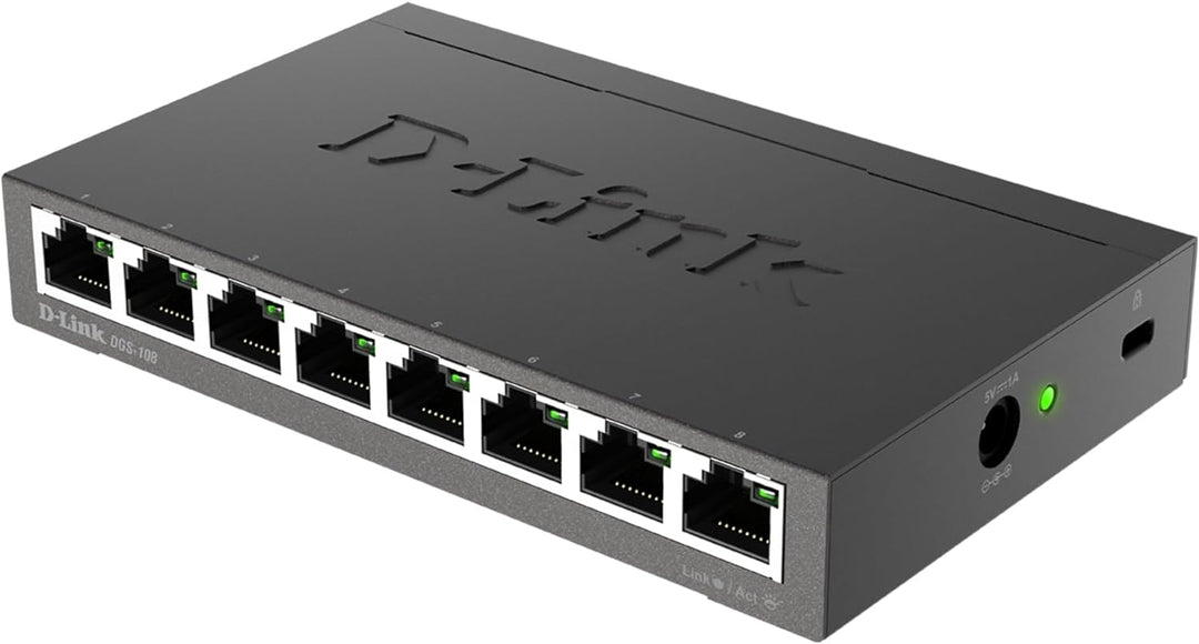 D-Link DGS-108 8-Port Layer2 Gigabit Switch (bis zu 2000 Mbit/s Datenübertragung pro Port, Non-Block