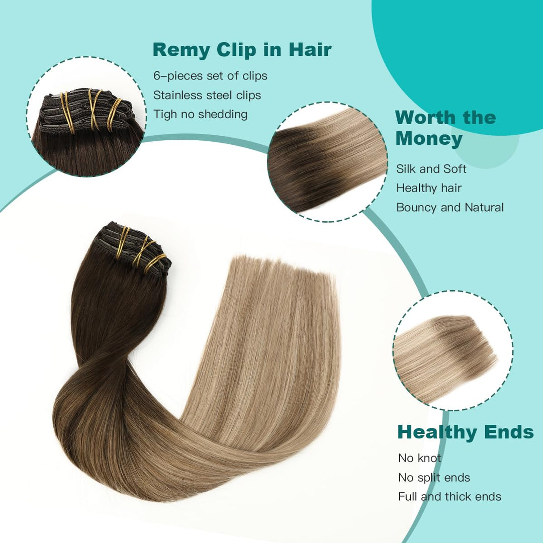 SURNEL Clip Echthaar Extension Haarverlangerung Echthaar Clips 14 Zoll 100g Dunkelbraun Mischung Mit
