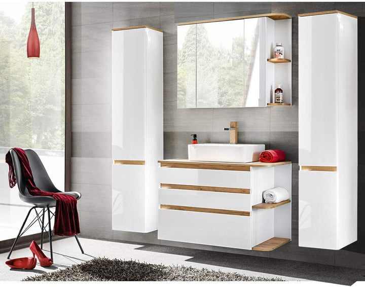 Lomadox Spiegelschrank in weiss mit Wotaneiche, 3D-Spiegeltüren, B x H x T ca. 94 x 71 x 20 cm